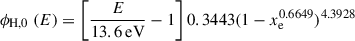 Mathematical equation: $$ \begin{aligned} \phi _{\rm H,0\,\,}(E)&= \left[\frac{E}{13.6\, \mathrm {eV}}-1\right]0.3443(1 - x_{\rm e}^{0.6649})^{4.3928}\end{aligned} $$