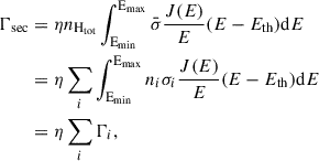 Mathematical equation: $$ \begin{aligned} \Gamma _{\rm sec}&= \eta n_{\rm H_{tot}} \int _{\rm E_{min}}^\mathrm{E_{max}} \bar{\sigma } \frac{J(E)}{E}(E-E_{\rm th})\mathrm{d}E \nonumber \\&= \eta \sum _i \int _{\rm E_{min}}^\mathrm{E_{max}} n_i\sigma _i \frac{J(E)}{E}(E-E_{\rm th})\mathrm{d}E\nonumber \\&=\eta \sum _i \Gamma _{i}, \end{aligned} $$