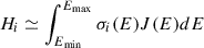 Mathematical equation: $$ \begin{aligned} H_i \simeq \int _{E_{\rm min}}^{E_{\rm max}} \sigma _i(E) J(E)d E \end{aligned} $$