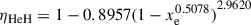 Mathematical equation: $$ \begin{aligned} \eta _{\rm HeH}&= 1 - {0.8957(1-x_{\rm e}^{0.5078})}^{2.9620} \end{aligned} $$