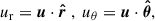 Mathematical equation: $$ \begin{aligned} u_{\mathrm{r}}=\boldsymbol{u}\cdot \boldsymbol{\hat{r}}~,~u_{{\theta }}=\boldsymbol{u}\cdot \boldsymbol{\hat{\theta }}, \end{aligned} $$