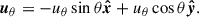 Mathematical equation: $$ \begin{aligned} \boldsymbol{u}_{{\theta }}&=-u_{{\theta }}\sin \theta \boldsymbol{\hat{x}}+u_{{\theta }}\cos \theta \boldsymbol{\hat{y}}. \end{aligned} $$