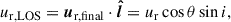 Mathematical equation: $$ \begin{aligned} u_{\mathrm{r,LOS}}&=\boldsymbol{u}_{\mathrm{r,final}}\cdot \boldsymbol{\hat{l}}=u_{\mathrm{r}}\cos \theta \sin i,\end{aligned} $$