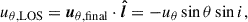 Mathematical equation: $$ \begin{aligned} u_{\mathrm{\theta ,LOS}}&=\boldsymbol{u}_{\mathrm{\theta ,final}}\cdot \boldsymbol{\hat{l}}=-u_{\mathrm{\theta }}\sin \theta \sin i,\end{aligned} $$