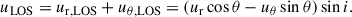 Mathematical equation: $$ \begin{aligned} u_{\mathrm{LOS}}&=u_{\mathrm{r,LOS}}+u_{\mathrm{\theta ,LOS}}=(u_{\mathrm{r}}\cos \theta -u_{\mathrm{\theta }}\sin \theta )\sin i. \end{aligned} $$
