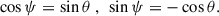 Mathematical equation: $$ \begin{aligned} \cos \psi =\sin \theta ~,~\sin \psi =-\cos \theta . \end{aligned} $$