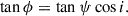 Mathematical equation: $$ \begin{aligned} \tan \phi&=\tan \psi \cos i. \end{aligned} $$