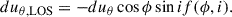 Mathematical equation: $$ \begin{aligned} du_{\mathrm{\theta ,LOS}}=-du_{\mathrm{\theta }}\cos \phi \sin i f(\phi ,i). \end{aligned} $$