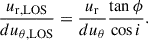 Mathematical equation: $$ \begin{aligned} \frac{u_{\mathrm{r,LOS}}}{du_{\mathrm{\theta ,LOS}}}=\frac{u_{\mathrm{r}}}{du_{\mathrm{\theta }}}\frac{\tan \phi }{\cos i}. \end{aligned} $$