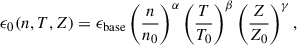 Mathematical equation: $$ \begin{aligned} \epsilon _0(n, T, Z) = \epsilon _{\rm base} \left(\frac{n}{n_0}\right)^\alpha \left(\frac{T}{T_0}\right)^\beta \left(\frac{Z}{Z_0}\right)^\gamma , \end{aligned} $$