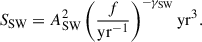 Mathematical equation: $$ \begin{aligned} S_{\mathrm{SW} } = A_{\mathrm{SW} }^2\left( \frac{f}{\mathrm{yr} ^{-1}} \right)^{-\gamma _{\mathrm{SW} }} \mathrm{yr} ^3. \end{aligned} $$
