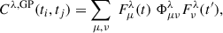 Mathematical equation: $$ \begin{aligned} C^{\lambda ,\mathrm {GP}}(t_i,t_j) = \sum _{\mu ,\nu } \ F^\lambda _\mu (t) \ \Phi ^\lambda _{\mu \nu } F^\lambda _\nu (t^{\prime }), \end{aligned} $$