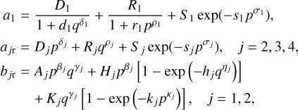 Mathematical equation: \begin{eqnarray} a_1 &=& \frac{D_{1}}{1+d_{1}q^{\delta_1}} + \frac{R_{1}}{1+r_{1}p^{\rho_1}} + S_1\exp(-s_1 p^{\sigma_1}), \nonumber\\ a_{j{\rm r}} &=& D_{j} p^{\delta_j} + R_{j} q^{\rho_j} + S_j\exp(-s_j p^{\sigma_j}), \;\;\; j=2,3,4, \nonumber\\ b_{j{\rm r}} &=& A_j p^{\beta_j} q^{\gamma_j} + H_{j} p^{\beta_j} \left[1 - \exp\left(- h_j q^{\eta_j}\right)\right] \nonumber\\ && +\, K_{j} q^{\gamma_j} \left[1 - \exp\left(- k_j p^{\kappa_j}\right)\right] , \;\;\; j=1,2, \label{eqpemp} \end{eqnarray}