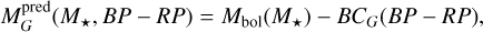 Mathematical equation: $M_{G}^{\mathrm{pred}}\left(M_{\star}, B P-R P\right)=M_{\mathrm{bol}}\left(M_{\star}\right)-B C_{G}(B P-R P),$