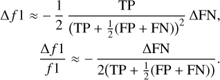 Mathematical equation: $\begin{align*} & \Delta f 1 \approx-\frac{1}{2} \frac{\mathrm{TP}}{\left(\mathrm{TP}+\frac{1}{2}(\mathrm{FP}+\mathrm{FN})\right)^{2}} \Delta \mathrm{FN}\\ & \frac{\Delta f 1}{f 1} \approx-\frac{\Delta \mathrm{FN}}{2\left(\mathrm{TP}+\frac{1}{2}(\mathrm{FP}+\mathrm{FN})\right)} \end{align*}$