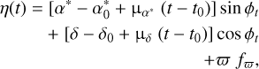 Mathematical equation: $\begin{align*}\eta(t)= & {\left[\alpha^{*}-\alpha_{0}^{*}+\mu_{\alpha^{*}}\left(t-t_{0}\right)\right] \sin \phi_{t} }\\ & +\left[\delta-\delta_{0}+\mu_{\delta}\left(t-t_{0}\right)\right] \cos \phi_{t} \\ & +\varpi f_{\varpi}\end{align*}$