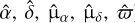 Mathematical equation: $\hat{\alpha}, \hat{\delta}, \hat{\mu}_{\alpha}, \hat{\mu}_{\delta}, \hat{\varpi}$