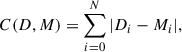 Mathematical equation: $$ \begin{aligned} C(D, M) = \sum ^N_{i = 0}{|D_{i} - M_{i}|} , \end{aligned} $$