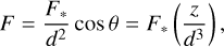 Mathematical equation: F = \frac{F_*}{d^2} \cos\theta = F_* \left(\frac{z}{d^3}\right),