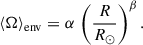 Mathematical equation: $$ \begin{aligned} \langle \Omega \rangle _{\rm env} = \alpha \,\left(\frac{R}{R_{\odot }}\right)^\beta . \end{aligned} $$