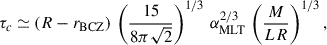 Mathematical equation: $$ \begin{aligned} \tau _{c} \simeq (R-r_{\rm BCZ})\,\left(\frac{15}{8 \pi \sqrt{2}}\right)^{1/3}\,\alpha _{\rm MLT}^{2/3}\,\left(\frac{M}{L R}\right)^{1/3}, \end{aligned} $$