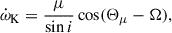 Mathematical equation: $$ \begin{aligned} \dot{\omega }_{\rm K} = \frac{\mu }{ \sin i} \cos (\Theta _{\mu } - \Omega ), \end{aligned} $$