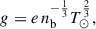 Mathematical equation: $$ \begin{aligned} g = e \, n_{\rm b}^{-\frac{1}{3}} T_{\odot }^{\frac{2}{3}}, \end{aligned} $$