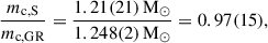 Mathematical equation: $$ \begin{aligned}&\frac{m_{\rm c, S}}{m_{\rm c, GR}} =\frac{1.21(21)\,{\mathrm{M}_\odot }}{1.248(2)\,{\mathrm{M}_\odot }} = 0.97(15), \end{aligned} $$