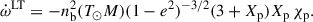 Mathematical equation: $$ \begin{aligned} \dot{\omega }^\mathrm{LT}= -n_{\rm b}^{2}(T_{\odot }M)(1-e^2)^{-3/2} (3+X_{\rm p})X_{\rm p}\,\chi _{\rm p}. \end{aligned} $$