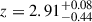 Mathematical equation: $ z=2.91^{+0.08}_{-0.44} $