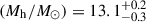 Mathematical equation: $ (M_{\mathrm{h}}/M_\odot) = 13.1^{+0.2}_{-0.3} $