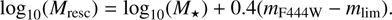 Mathematical equation: $\[\log _{10}(M_{\mathrm{resc}})=\log _{10}(M_{\star})+0.4(m_{\mathrm{F} 444 \mathrm{~W}}-m_{\mathrm{lim}}).\]$