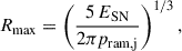 Mathematical equation: $$ \begin{aligned} R_{\rm max} = \left(\frac{5\,E_{\rm SN}}{2\pi p_{\rm ram,j}}\right)^{1/3}, \end{aligned} $$