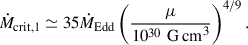 Mathematical equation: $$ \begin{aligned} \dot{M}_{\rm crit,1}\simeq 35\dot{M}_{\rm Edd}\left(\frac{\mu }{10^{30}\,\mathrm{\,G\,cm}^{3}}\right)^{4/9}. \end{aligned} $$