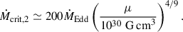 Mathematical equation: $$ \begin{aligned} \dot{M}_{\rm crit,2}\simeq 200\dot{M}_{\rm Edd}\left(\frac{\mu }{10^{30}\,\mathrm{\,G\,cm}^{3}}\right)^{4/9}. \end{aligned} $$