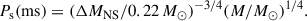 Mathematical equation: $$ \begin{aligned} P_{\rm s}(\mathrm {ms}) = (\Delta M_{\rm NS}/0.22\,M_{\odot })^{-3/4}(M/M_{\odot })^{1/4}. \end{aligned} $$