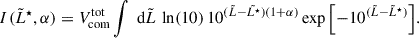 Mathematical equation: $$ \begin{aligned} I(\tilde{L}^\star , \alpha ) = V_\text{com}^\text{tot} \int \text{ d}\tilde{L}\,\ln (10)\,10^{(\tilde{L}-\tilde{L^\star })(1+\alpha )}\exp {\left[-10^{(\tilde{L}-\tilde{L}^\star )}\right]}. \end{aligned} $$