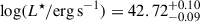 Mathematical equation: $ \log(L^\star/\mathrm{erg\,s^{-1}}) = 42.72^{+0.10}_{-0.09} $