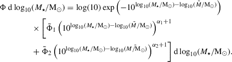 Mathematical equation: $$ \begin{aligned} \Phi ~ \mathrm{d}\log _{10}&(M_\star /\mathrm{M}_{\odot }) = \log (10)\exp \left(-10^{\log _{10}(M_\star /\mathrm{M}_{\odot })-\log _{10}(\tilde{M}/\mathrm{M}_{\odot })}\right) \nonumber \\&\times \biggl [ \tilde{\Phi }_1 \left(10^{\log _{10}(M_\star /\mathrm{M}_{\odot })-\log _{10}(\tilde{M}/\mathrm{M}_{\odot })}\right)^{\alpha _1 +1}\nonumber \\&+ \tilde{\Phi }_2 \left(10^{\log _{10}(M_\star /\mathrm{M}_{\odot })-\log _{10}(\tilde{M/\mathrm{M}_{\odot }})}\right)^{\alpha _2 +1} \biggr ] ~\mathrm{d}\log _{10}(M_\star /\mathrm{M}_{\odot }). \end{aligned} $$