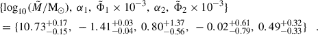 Mathematical equation: $$ \begin{aligned}&\{\log _{10}(\tilde{M}/\mathrm{M}_{\odot }),~ \alpha _1, ~\tilde{\Phi }_1\times 10^{-3},~ \alpha _2,~ \tilde{\Phi }_2\times 10^{-3}\} \\&= \{ 10.73^{+0.17}_{-0.15},~ -1.41^{+0.03}_{-0.04},~ 0.80^{+1.37}_{-0.56},~ -0.02^{+0.61}_{-0.79},~ 0.49^{+0.32}_{-0.33}\} \quad . \end{aligned} $$