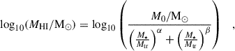 Mathematical equation: $$ \begin{aligned} \log _{10}(M_{\rm HI}/\mathrm{M}_{\odot }) = \log _{10}\left(\frac{M_0/\mathrm{M}_{\odot }}{\left(\frac{M_\star }{M_{\rm tr}}\right)^\alpha + \left(\frac{M_\star }{M_{\rm tr}}\right)^\beta }\right) \quad , \end{aligned} $$