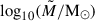 Mathematical equation: $ \log_{10}(\tilde{M}/\mathrm{M}_{\odot}) $