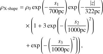 Mathematical equation: $\eqalign{& {\rho _{{\rm{X - shape }}}} = {\rho _0}\exp \left( { - {{{s_1}} \over {700{\rm{pc}}}}} \right)\exp \left( { - {{|z|} \over {322{\rm{pc}}}}} \right) \cr & \times \left( {1 + 3\exp \left( { - {{\left( {{{{s_2}} \over {1000{\rm{pc}}}}} \right)}^2}} \right)} \right. \cr & \left. { + \exp \left( { - {{\left( {{{{s_3}} \over {1000{\rm{pc}}}}} \right)}^2}} \right)} \right), \cr}$