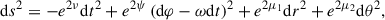 Mathematical equation: $$ \begin{aligned} {\mathrm{d} } s^2 = -e^{2\nu } {\mathrm{d} } t^2 + e^{2 \psi } \left({\mathrm{d} } \varphi - \omega {\mathrm{d} } t \right)^2 + e^{2\mu _1} {\mathrm{d} } {r}^2 + e^{2 \mu _2} {\mathrm{d} } \theta ^2, \end{aligned} $$