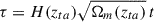 Mathematical equation: $$ \begin{aligned} \tau = H (z_{ta})\sqrt{\Omega _m(z_{ta})}\, t \end{aligned} $$