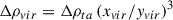 Mathematical equation: $$ \begin{aligned} \Delta \rho _{vir} = \Delta \rho _{ta} \left( x_{vir} / y_{vir} \right)^3 \end{aligned} $$
