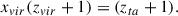 Mathematical equation: $$ \begin{aligned} x_{vir}(z_{vir} + 1) = (z_{ta} + 1). \end{aligned} $$