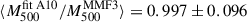 Mathematical equation: $ \langle M_{500}^{\mathrm{fit\; A10}}/M_{500}^{\mathrm{MMF3}} \rangle = 0.997 \pm 0.096 $