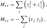 Mathematical equation: $$ \begin{aligned} M_{xx}&= \sum _j\left(y^2_j + z^2_j\right) , \nonumber \\ M_{xy}&= - \sum _j\left(x_j\,y_j\right) , \end{aligned} $$