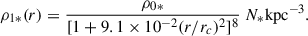Mathematical equation: $$ \begin{aligned} \rho _{1*}(r) = \frac{\rho _{0*}}{[1+9.1\times 10^{-2}(r/r_c)^2]^8}~N_* \mathrm{kpc}^{-3} .\end{aligned} $$